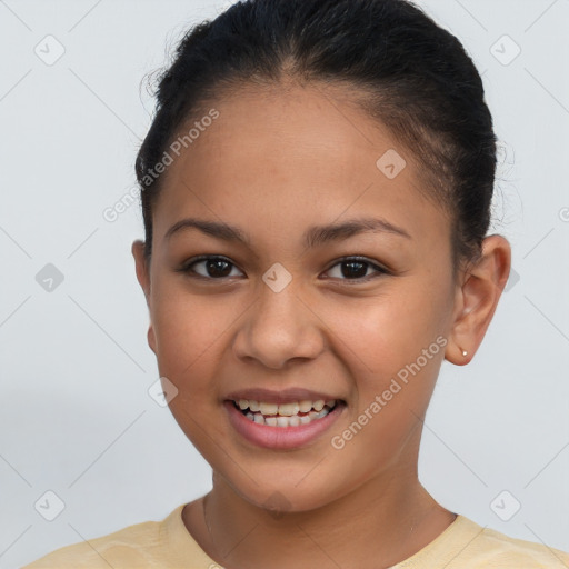 Joyful latino young-adult female with short  brown hair and brown eyes