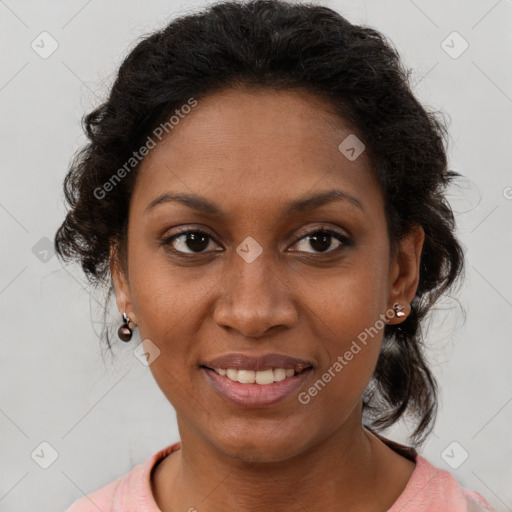 Joyful black young-adult female with medium  brown hair and brown eyes