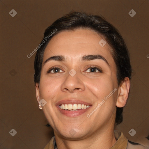 Joyful white young-adult female with medium  brown hair and brown eyes