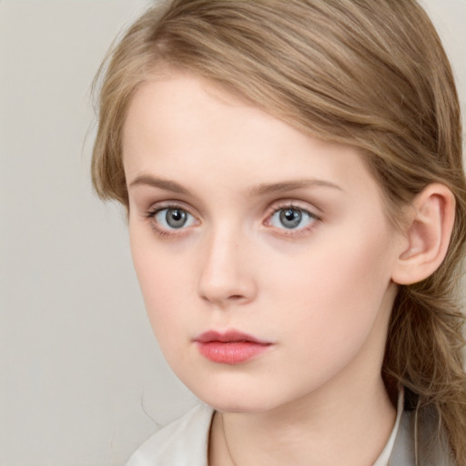 Neutral white young-adult female with medium  brown hair and blue eyes