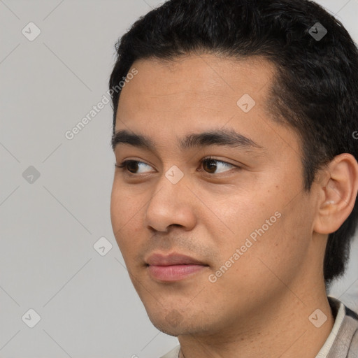 Neutral asian young-adult male with short  black hair and brown eyes