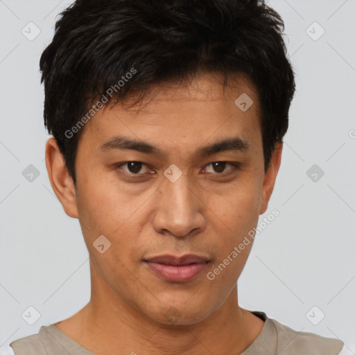 Neutral asian young-adult male with short  black hair and brown eyes