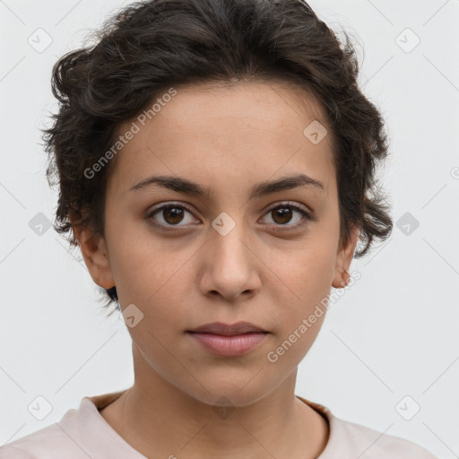 Neutral white young-adult female with short  brown hair and brown eyes