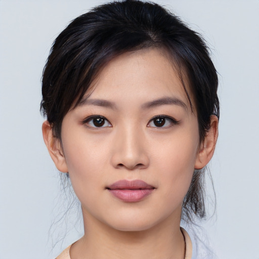 Neutral white young-adult female with medium  black hair and brown eyes