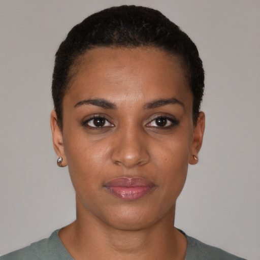 Neutral black young-adult female with short  black hair and brown eyes
