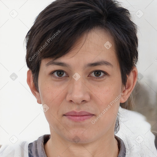 Joyful white adult female with medium  brown hair and brown eyes