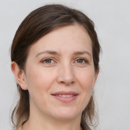 Joyful white adult female with medium  brown hair and grey eyes