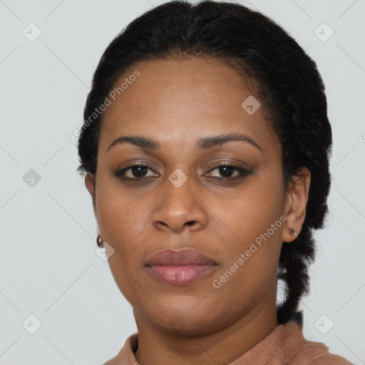 Neutral black adult female with short  black hair and brown eyes