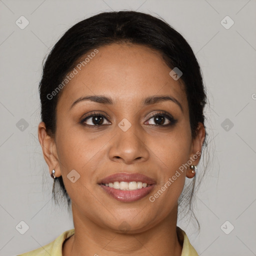Joyful latino young-adult female with medium  brown hair and brown eyes
