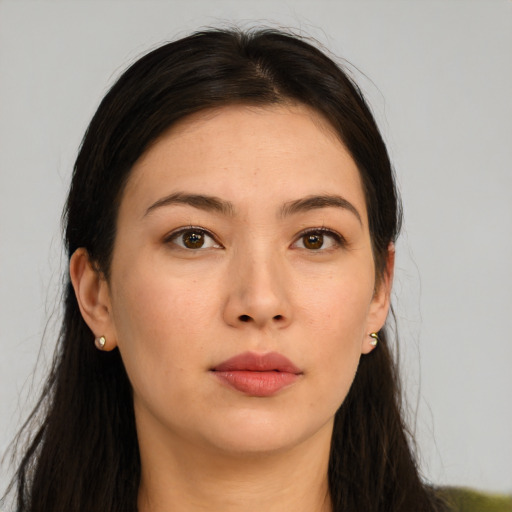 Neutral asian young-adult female with long  brown hair and brown eyes