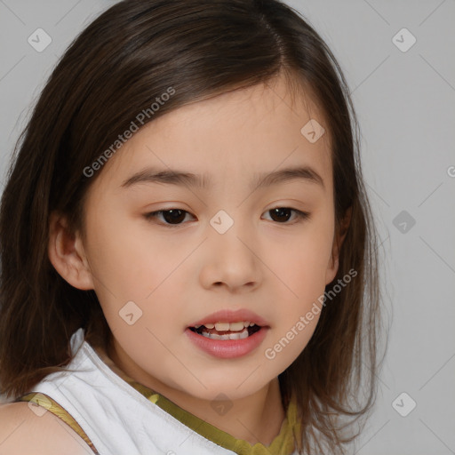 Joyful white child female with medium  brown hair and brown eyes