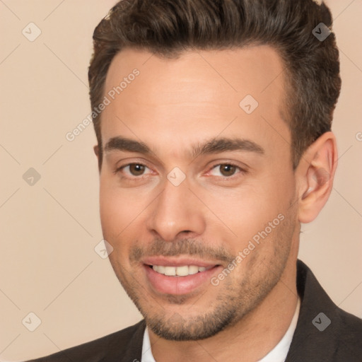 Joyful white young-adult male with short  brown hair and brown eyes