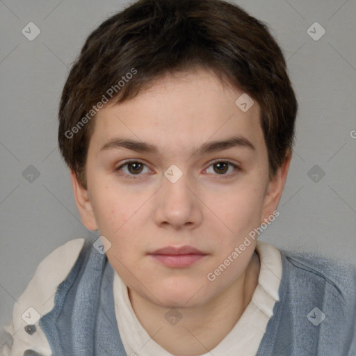 Neutral white young-adult female with short  brown hair and brown eyes