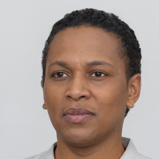 Neutral black young-adult female with short  black hair and brown eyes