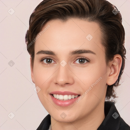 Joyful white young-adult female with medium  brown hair and brown eyes