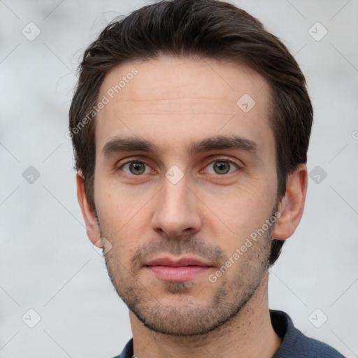 Neutral white young-adult male with short  brown hair and brown eyes