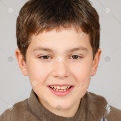 Joyful white child male with short  brown hair and brown eyes