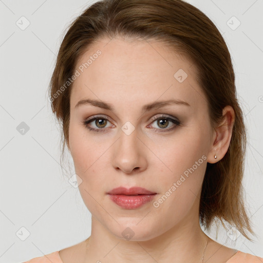 Neutral white young-adult female with medium  brown hair and blue eyes