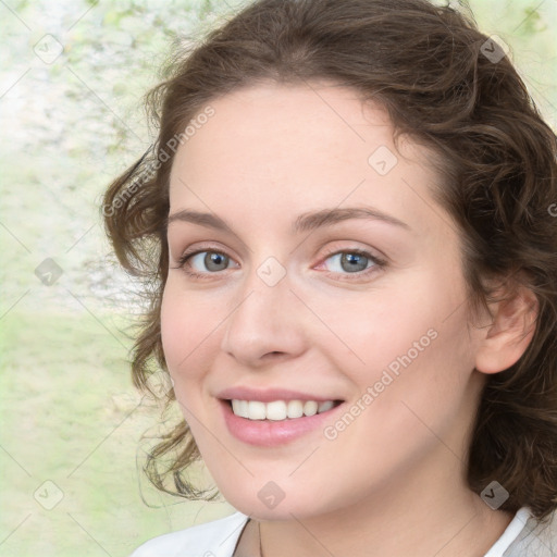 Joyful white young-adult female with medium  brown hair and green eyes