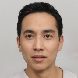 Neutral asian young-adult male with short  black hair and brown eyes