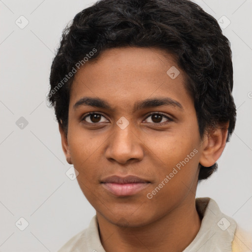 Joyful latino young-adult female with short  black hair and brown eyes