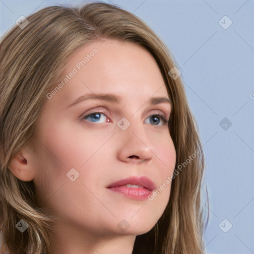 Neutral white young-adult female with long  brown hair and blue eyes