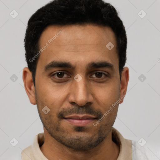 Neutral white young-adult male with short  black hair and brown eyes
