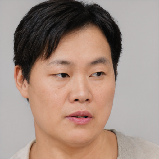 Neutral asian young-adult male with short  black hair and brown eyes