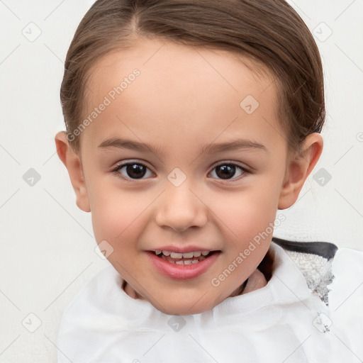 Joyful white child female with short  brown hair and brown eyes