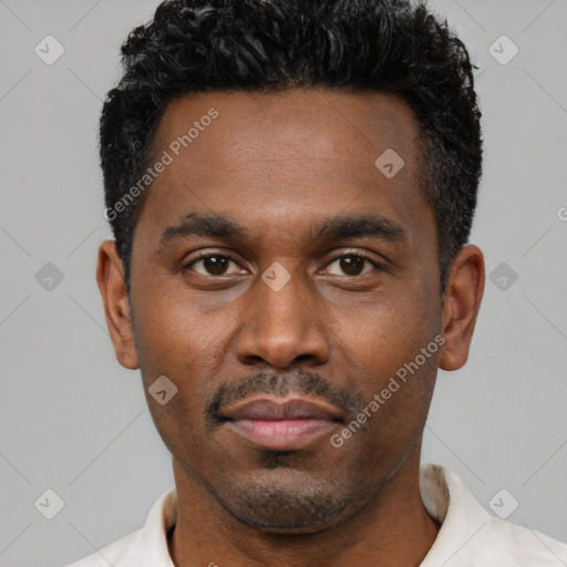 Neutral latino young-adult male with short  black hair and brown eyes