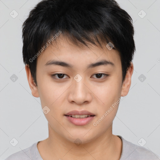 Joyful asian young-adult female with short  brown hair and brown eyes