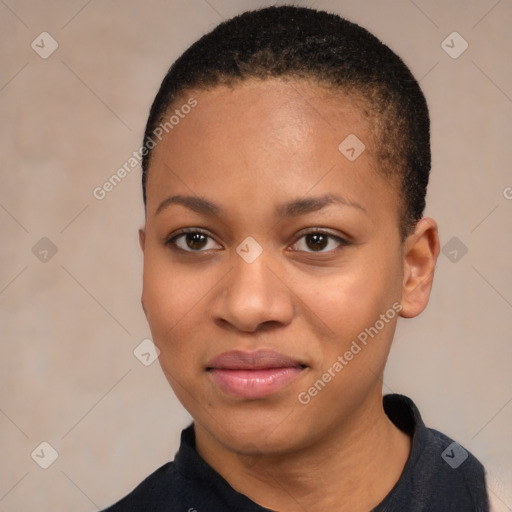 Joyful black young-adult female with short  black hair and brown eyes