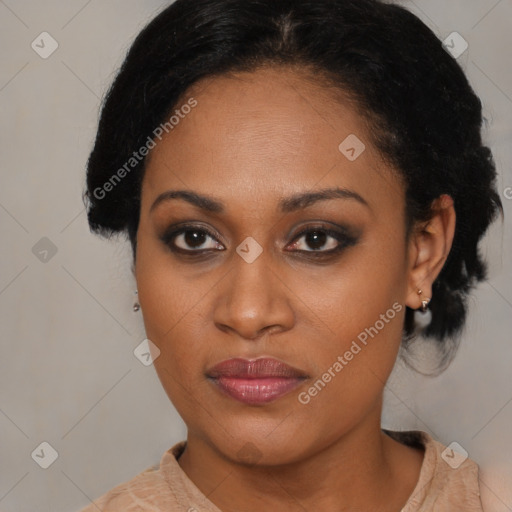 Joyful black young-adult female with medium  black hair and brown eyes