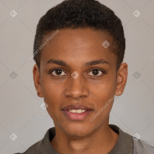 Joyful black young-adult male with short  brown hair and brown eyes