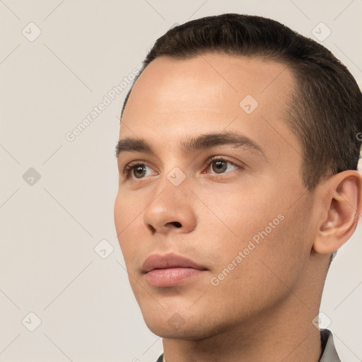 Neutral white young-adult male with short  brown hair and brown eyes