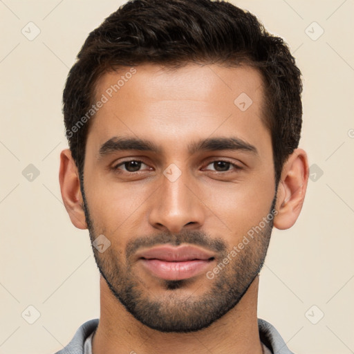 Neutral white young-adult male with short  brown hair and brown eyes