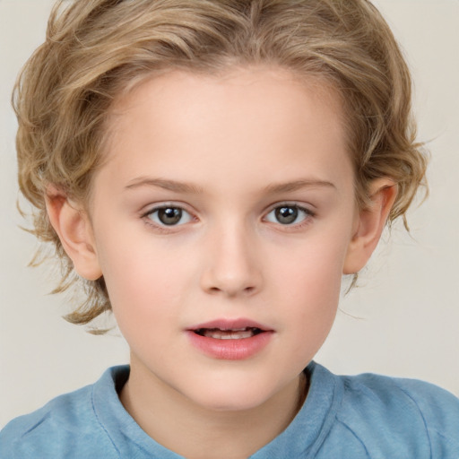 Joyful white child female with medium  brown hair and grey eyes