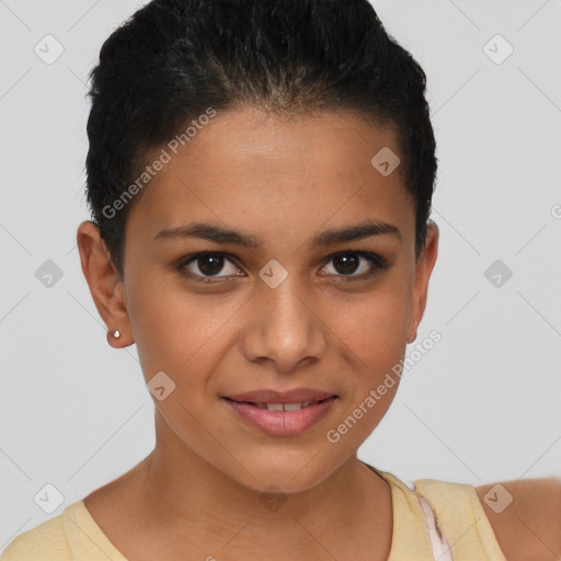 Joyful white young-adult female with short  brown hair and brown eyes