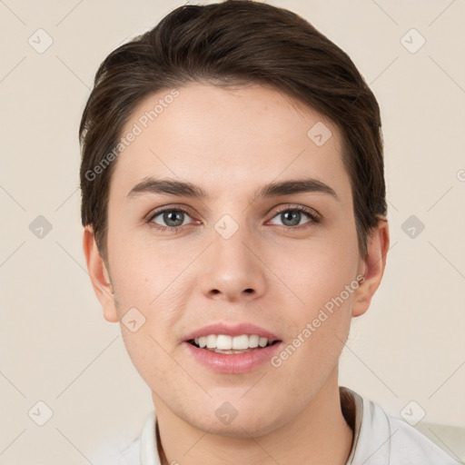 Joyful white young-adult female with short  brown hair and brown eyes