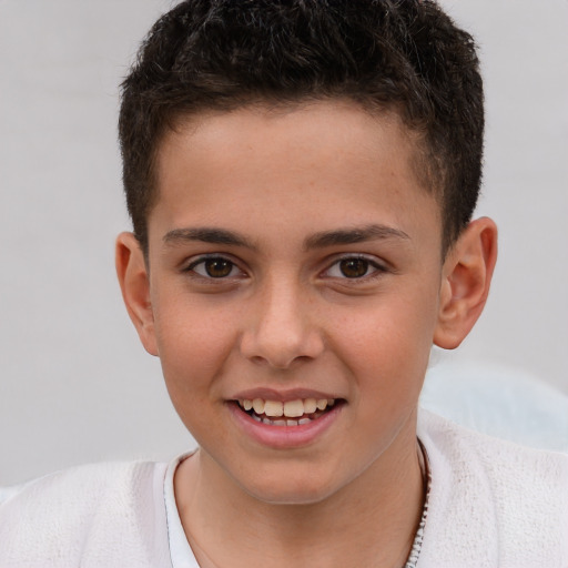 Joyful white child male with short  brown hair and brown eyes