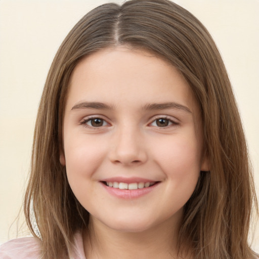 Joyful white child female with long  brown hair and brown eyes