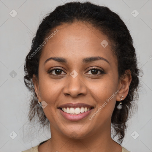 Joyful latino young-adult female with medium  brown hair and brown eyes