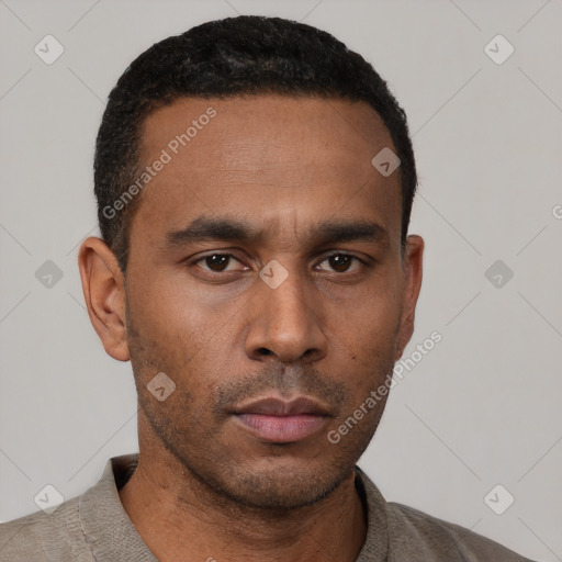 Neutral latino young-adult male with short  black hair and brown eyes