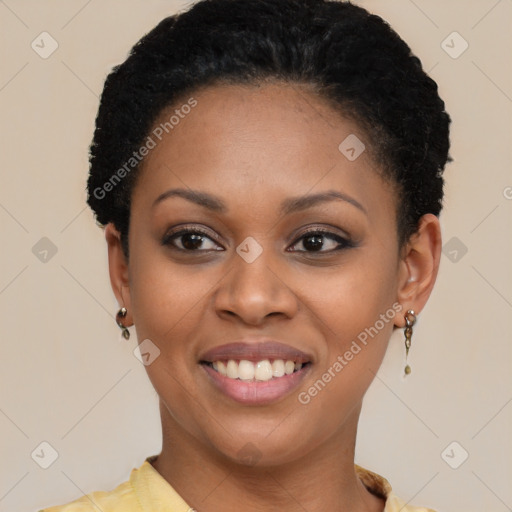 Joyful latino young-adult female with short  brown hair and brown eyes