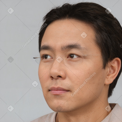 Neutral asian young-adult male with short  brown hair and brown eyes