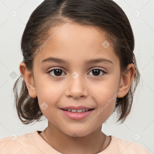 Joyful white child female with medium  brown hair and brown eyes