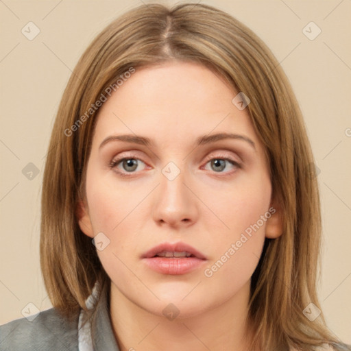 Neutral white young-adult female with medium  brown hair and grey eyes