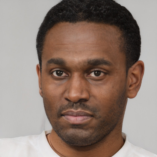 Neutral black young-adult male with short  black hair and brown eyes