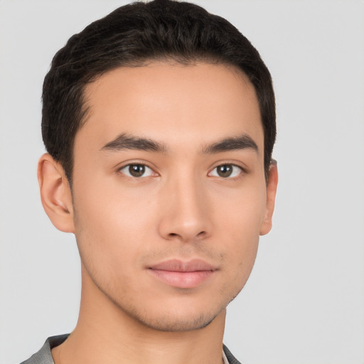 Neutral asian young-adult male with short  brown hair and brown eyes