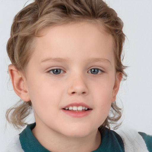 Joyful white child female with medium  brown hair and blue eyes